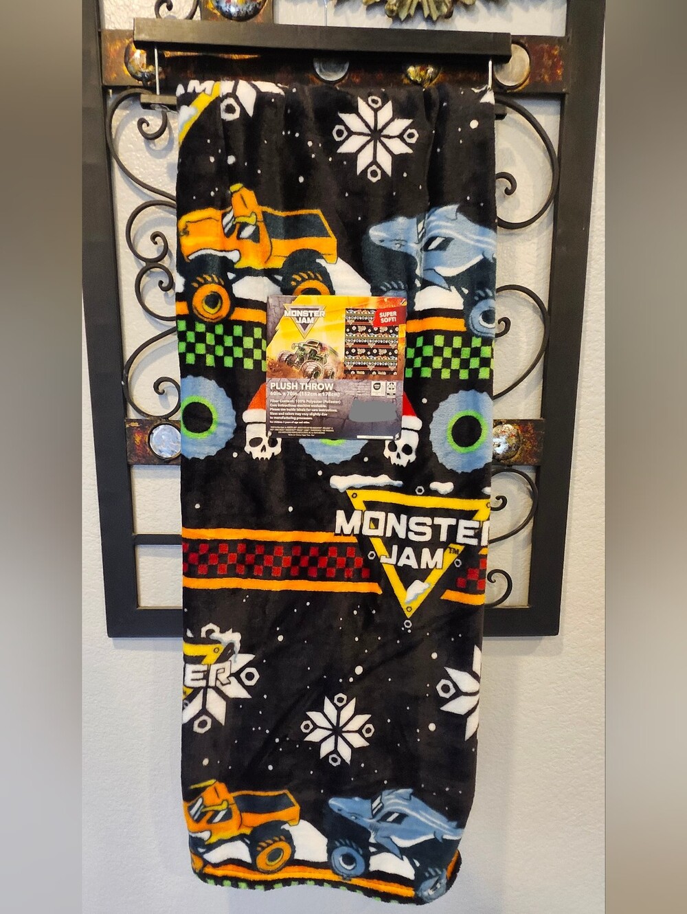 Monster Jam Monster Truck Christmas Blanket Throw Black Background